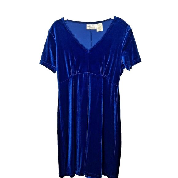 Vintage Kathie Lee Blue Velvet Mini Dress Medium Short Sleeve V Neck - Picture 1 of 5